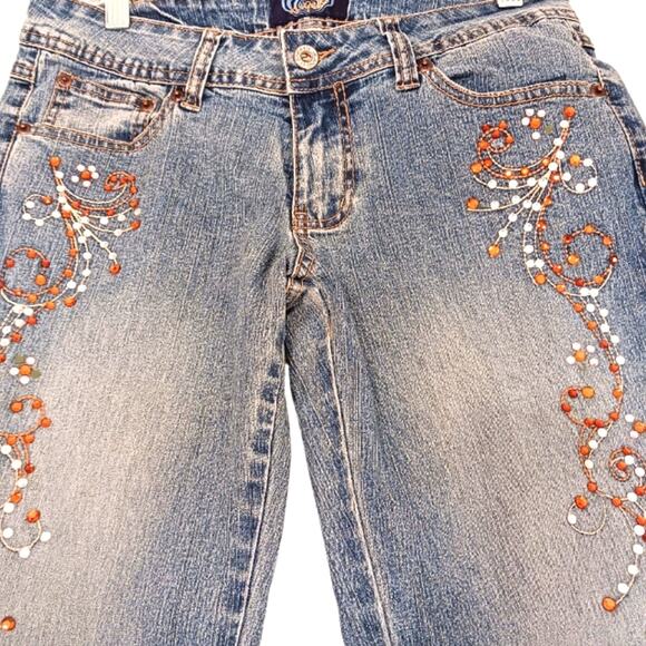Vntg Angels Jeans Womens JR Sz 7 Blue Flare Crystals Embellished Boho Glam Gypsy - Picture 6 of 16